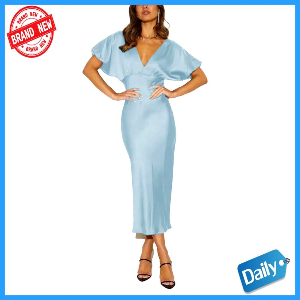 Satin Midi Dress V Neck Puffy Sleeves Empire Waist Tie Back Formal Cocktail